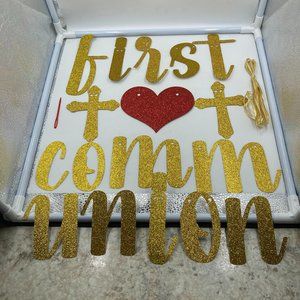 First Communion Gold/Red Glitter Heart Banner